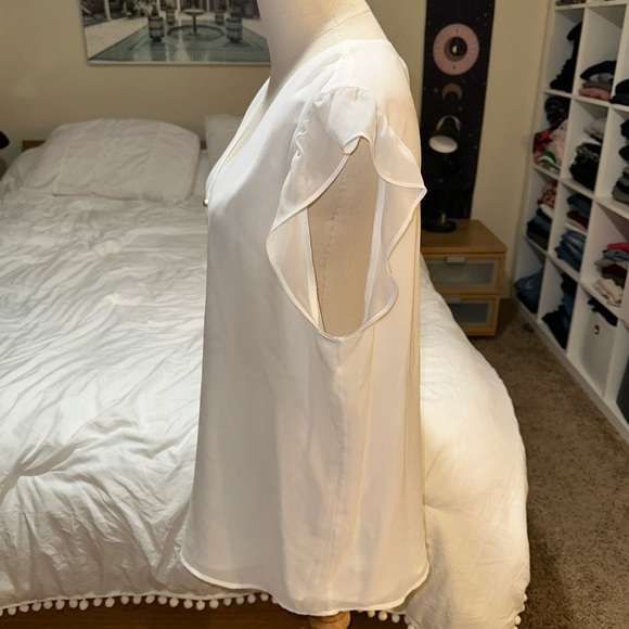 Calvin Klein | V Neck Button Down Short Cap Ruffle Sleeves Sheer Lined Blouse - Picture 2 of 11